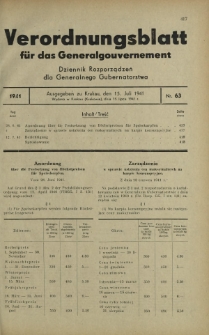 Verordnungsblatt für das Generalgouvernement = Dziennik Rozporządzeń dla Generalnego Gubernatorstwa. 1941, Nr 63 (15 Juli)