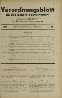 Verordnungsblatt für das Generalgouvernement = Dziennik Rozporządzeń dla Generalnego Gubernatorstwa. 1941, Nr 93 (9 Oktober)