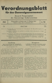 Verordnungsblatt für das Generalgouvernement = Dziennik Rozporządzeń dla Generalnego Gubernatorstwa. 1941, Nr 94 (15 Oktober)