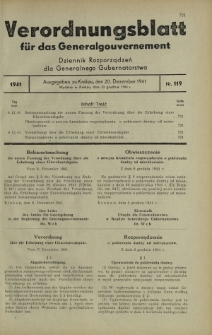 Verordnungsblatt für das Generalgouvernement = Dziennik Rozporządzeń dla Generalnego Gubernatorstwa. 1941, Nr 119 (20 Dezember)