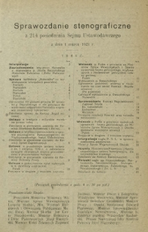 Sprawozdanie Stenograficzne z 214 Posiedzenia Sejmu Ustawodawczego z dnia 1 marca 1921 r.