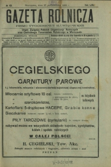 Gazeta Rolnicza : pismo tygodniowe ilustrowane. R. 62, nr 43 (27 października 1922)