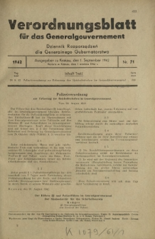 Verordnungsblatt für das Generalgouvernement = Dziennik Rozporządzeń dla Generalnego Gubernatorstwa. 1942, Nr. 71 (1. September)