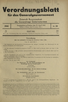 Verordnungsblatt für das Generalgouvernement = Dziennik Rozporządzeń dla Generalnego Gubernatorstwa. 1942, Nr. 33 (29. April)