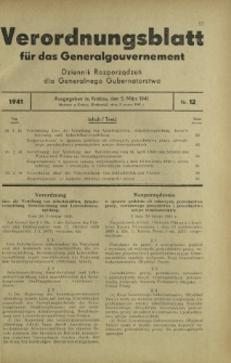 Verordnungsblatt für das Generalgouvernement = Dziennik Rozporządzeń dla Generalnego Gubernatorstwa. 1941, Nr 12 (5 Marz)