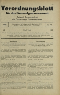 Verordnungsblatt für das Generalgouvernement = Dziennik Rozporządzeń dla Generalnego Gubernatorstwa. 1941, Nr 78 (2 September)