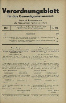 Verordnungsblatt für das Generalgouvernement = Dziennik Rozporządzeń dla Generalnego Gubernatorstwa. 1941, Nr 100 (25 Oktober)