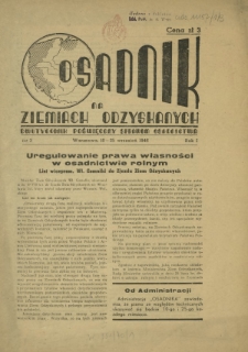 Osadnik na Ziemiach Odzyskanych : dwutygodnik poświęcony sprawom osadnictwa. R. 1, nr 3 (10-25 wrzesień 1946)