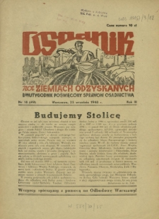 Osadnik na Ziemiach Odzyskanych : dwutygodnik poświęcony sprawom osadnictwa. R. 3, nr 18=49 (25 września 1948)