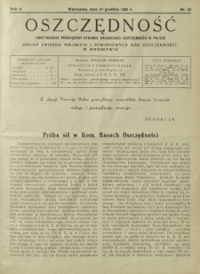 Oszczędność : dwutygodnik poświęcony sprawie organizacji oszczędności w Polsce. R. 8, nr 25 (31 grudnia 1932)