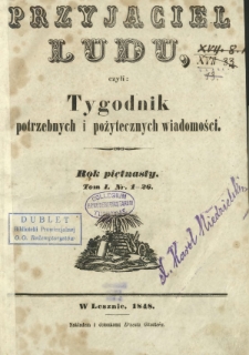 Przyjaciel Ludu : czyli tygodnik potrzebnych i pożytecznych wiadomości. Spis artykułów R. 15, T. 1, Nr 1-26 (1848)
