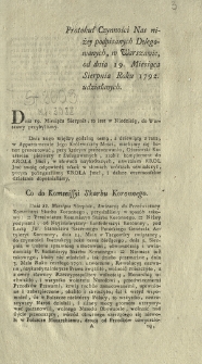 Protokuł Czynności Nas niżey podpisanych Delegowanych, w Warszawie, od dnia 19. Miesiaca Sierpnia Roku 1792. udziałanych