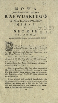 Mowa Jasnie Wielmoznego Jmci Pana Rzewuskiego Hetmana Polnego Koronnego Miana Na Seymie Die 28 Augusti 1776