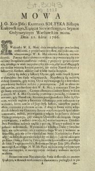 Mowa J. O. Xcia JMci Kajetana Sołtyka Biskupa Krakowskiego, Xsiążęcia Siewierskiego, na Seymie Ordynaryinym Warszawskim miana. Dnia 21. 8bris 1766