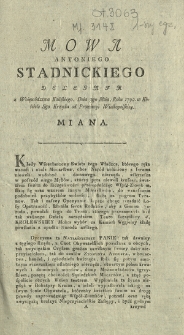 Mowa Antoniego Stadnickiego Delegata z Woięw&oacute;dztwa (!) Kaliskiego, Dnia 3go Maia, Roku 1792. w Kościele Sgo Krzyża od Prowincyi Wielkopolskiey. Miana