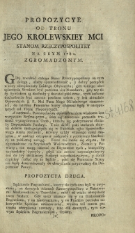 Propozycye Od Tronu Jego Krolewskiey Mci Stanom Rzeczypospolitey Na Seym 1780. Zgromadzonym