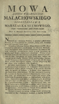 Mowa Jasnie Wielmoznego Małachowskiego Sekretarza W. K. Marszałka Seymowego, Przy Pozegnaniu Jzby Poselskiey. Dnia 6. Miesiąca Listopada 1780. Roku Miana