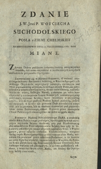 Zdanie J. W. Jmci P. Woyciecha Suchodolskiego Posła z Ziemi Chełmskiey Na Sessyi Seymowey Dnia 27. Października 1780. Roku Miane