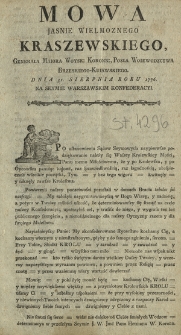 Mowa Jasnie Wielmoznego Kraszewskiego [...], Posła Woiewodzctwa (!) Brzeskiego-Kuiawskiego. Dnia 31. Sierpnia Roku 1776. Na Seymie Warszawskim Konfederacyi