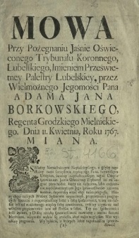 Mowa Przy Pożegnaniu Jaśnie Oświeconego Trybunału Koronnego, Lubelskiego, Imieniem Prześwietney Palestry Lubelskiey