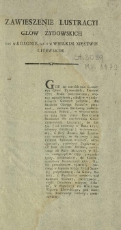 Zawieszenie Lustracyi Głów Żydowskich Tak w Koronie, Iak Y w Wielkim Xięstwie Litewskim