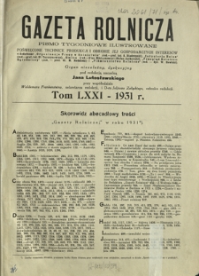 Gazeta Rolnicza : pismo tygodniowe ilustrowane. R. 71 (1931) - skorowidze za rok 1931