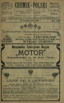 Chemik Polski : czasopismo poświęcone wszystkim gałęziom chemii teoretycznej i stosowanej / red. i wyd. B. Miklaszewski. R. 13, nr 20 (15 października 1913)