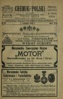 Chemik Polski : czasopismo poświęcone wszystkim gałęziom chemii teoretycznej i stosowanej / red. i wyd. B. Miklaszewski. R. 13, nr 23 (1 grudnia 1913)