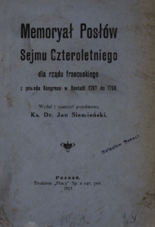 Memoryał posłów Sejmu Czteroletniego dla rządu francuskiego z powodu Kongresu w Rastadt 1797 do 1798