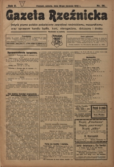Gazeta Rzeźnicka : pierwsze i jedyne pismo polskie poświęcone zawodowi rzeźnickiemu oraz sprawom handlu i chowu bydła, nierogacizny, dziczyzny i drobiu / [red. i wydawca Apolinary Kl&oacute;skowsk]. R. 5, nr 56 (26 stycznia 1918)