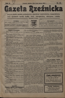 Gazeta Rzeźnicka : pierwsze i jedyne pismo polskie poświęcone zawodowi rzeźnickiemu oraz sprawom handlu i chowu bydła, nierogacizny, dziczyzny i drobiu / [red. i wydawca Apolinary Kl&oacute;skowsk]. R. 5, nr 61 (2 marca 1918)