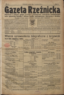 Gazeta Rzeźnicka : pierwsze i jedyne pismo polskie poświęcone zawodowi rzeźnickiemu oraz sprawom handlu i chowu bydła, nierogacizny, dziczyzny i drobiu / [red. Teodor Bobowski]. R. 1, Nr 1 (3 stycznia 1914)