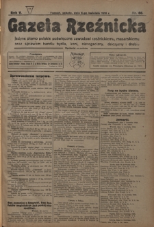 Gazeta Rzeźnicka : pierwsze i jedyne pismo polskie poświęcone zawodowi rzeźnickiemu oraz sprawom handlu i chowu bydła, nierogacizny, dziczyzny i drobiu / [red. i wydawca Apolinary Kl&oacute;skowsk]. R. 5, nr 66 (6 kwietnia 1918)