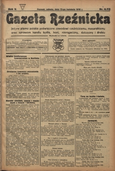 Gazeta Rzeźnicka : pierwsze i jedyne pismo polskie poświęcone zawodowi rzeźnickiemu oraz sprawom handlu i chowu bydła, nierogacizny, dziczyzny i drobiu / [red. i wydawca Apolinary Kl&oacute;skowsk]. R. 5. nr 67 (13 kwietnia 1918)