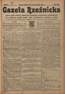 Gazeta Rzeźnicka : pierwsze i jedyne pismo polskie poświęcone zawodowi rzeźnickiemu oraz sprawom handlu i chowu bydła, nierogacizny, dziczyzny i drobiu / [red. i wydawca Apolinary Kl&oacute;skowsk]. R. 5, nr 89 (14 września 1918)