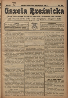 Gazeta Rzeźnicka : pierwsze i jedyne pismo polskie poświęcone zawodowi rzeźnickiemu oraz sprawom handlu i chowu bydła, nierogacizny, dziczyzny i drobiu / [red. i wydawca Apolinary Kl&oacute;skowsk]. R. 5, nr 90 (21 września 1918)