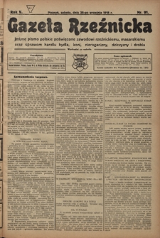 Gazeta Rzeźnicka : pierwsze i jedyne pismo polskie poświęcone zawodowi rzeźnickiemu oraz sprawom handlu i chowu bydła, nierogacizny, dziczyzny i drobiu / [red. i wydawca Apolinary Kl&oacute;skowsk]. R. 5, nr 91 (28 września 1918)