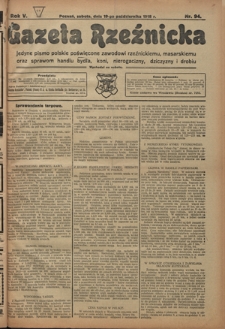 Gazeta Rzeźnicka : pierwsze i jedyne pismo polskie poświęcone zawodowi rzeźnickiemu oraz sprawom handlu i chowu bydła, nierogacizny, dziczyzny i drobiu / [red. i wydawca Apolinary Kl&oacute;skowsk]. R. 5, nr 94 (19 października 1918)