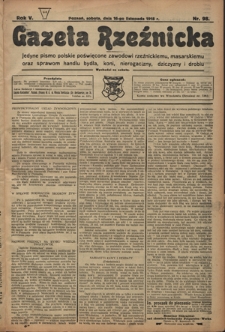 Gazeta Rzeźnicka : pierwsze i jedyne pismo polskie poświęcone zawodowi rzeźnickiemu oraz sprawom handlu i chowu bydła, nierogacizny, dziczyzny i drobiu / [red. i wydawca Apolinary Kl&oacute;skowsk]. R. 5, nr 98 (16 listopada 1918)