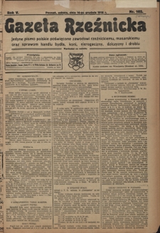 Gazeta Rzeźnicka : pierwsze i jedyne pismo polskie poświęcone zawodowi rzeźnickiemu oraz sprawom handlu i chowu bydła, nierogacizny, dziczyzny i drobiu / [red. i wydawca Apolinary Kl&oacute;skowsk]. R. 5, nr 102 (14 grudnia 1918)