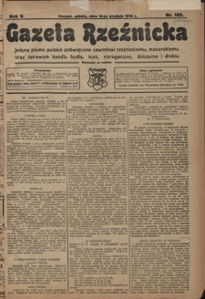 Gazeta Rzeźnicka : pierwsze i jedyne pismo polskie poświęcone zawodowi rzeźnickiemu oraz sprawom handlu i chowu bydła, nierogacizny, dziczyzny i drobiu / [red. i wydawca Apolinary Klóskowsk]. R. 5, nr 102 (14 grudnia 1918)