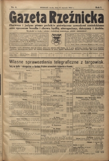 Gazeta Rzeźnicka : pierwsze i jedyne pismo polskie poświęcone zawodowi rzeźnickiemu oraz sprawom handlu i chowu bydła, nierogacizny, dziczyzny i drobiu / [red. Teodor Bobowski]. R. 1, Nr 4 (14 stycznia 1914)
