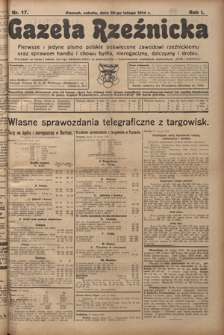 Gazeta Rzeźnicka : pierwsze i jedyne pismo polskie poświęcone zawodowi rzeźnickiemu oraz sprawom handlu i chowu bydła, nierogacizny, dziczyzny i drobiu / [red. Teodor Bobowski]. R. 1, Nr 17 (28 lutego 1914)