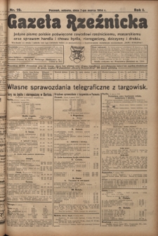 Gazeta Rzeźnicka : pierwsze i jedyne pismo polskie poświęcone zawodowi rzeźnickiemu oraz sprawom handlu i chowu bydła, nierogacizny, dziczyzny i drobiu / [red. Teodor Bobowski]. R. 1, Nr 19 (7 marca 1914)