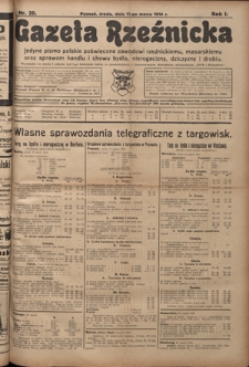 Gazeta Rzeźnicka : pierwsze i jedyne pismo polskie poświęcone zawodowi rzeźnickiemu oraz sprawom handlu i chowu bydła, nierogacizny, dziczyzny i drobiu / [red. Teodor Bobowski]. R. 1, Nr 20 (11 marca 1914)