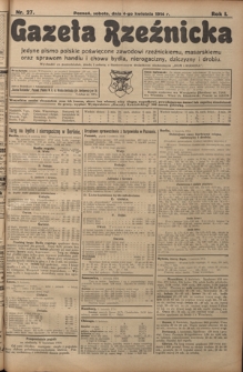 Gazeta Rzeźnicka : pierwsze i jedyne pismo polskie poświęcone zawodowi rzeźnickiemu oraz sprawom handlu i chowu bydła, nierogacizny, dziczyzny i drobiu / [red. Teodor Bobowski]. R. 1, Nr 27 (4 kwietnia 1914)