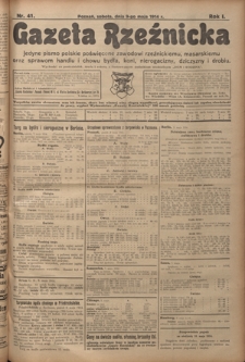 Gazeta Rzeźnicka : pierwsze i jedyne pismo polskie poświęcone zawodowi rzeźnickiemu oraz sprawom handlu i chowu bydła, nierogacizny, dziczyzny i drobiu / [red. Teodor Bobowski]. R. 1, Nr 41 (9 maja 1914)