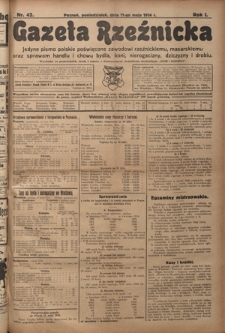 Gazeta Rzeźnicka : pierwsze i jedyne pismo polskie poświęcone zawodowi rzeźnickiemu oraz sprawom handlu i chowu bydła, nierogacizny, dziczyzny i drobiu / [red. Teodor Bobowski]. R. 1, Nr 42 (11 maja 1914)