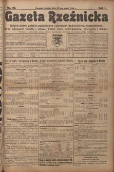 Gazeta Rzeźnicka : pierwsze i jedyne pismo polskie poświęcone zawodowi rzeźnickiemu oraz sprawom handlu i chowu bydła, nierogacizny, dziczyzny i drobiu / [red. Teodor Bobowski]. R. 1, Nr 49 (27 maja 1914)