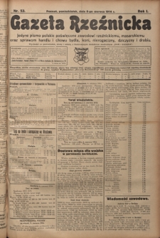 Gazeta Rzeźnicka : pierwsze i jedyne pismo polskie poświęcone zawodowi rzeźnickiemu oraz sprawom handlu i chowu bydła, nierogacizny, dziczyzny i drobiu / [red. Teodor Bobowski]. R. 1, Nr 53 (8 czerwca 1914)